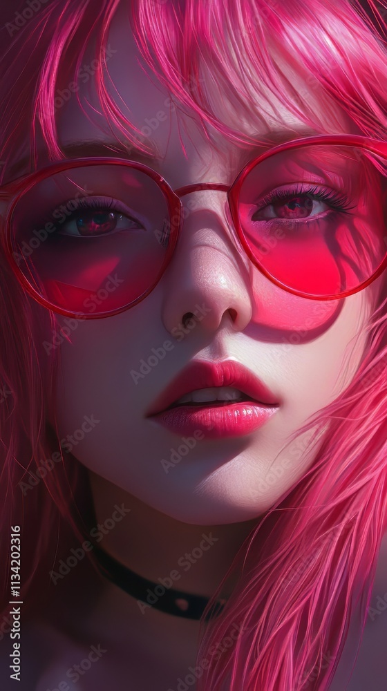 Pink haired woman with red glasses digital art portrait. anime wallpaper. Ultra realistic. Photorealistic Pink haired woman with red glasses digital art portrait. anime wallpaper. Ultra realistic. Photorealistic