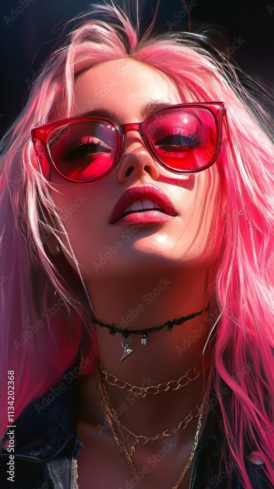 Pink haired woman with red glasses digital art portrait. anime wallpaper. Ultra realistic. Photorealistic Pink haired woman with red glasses digital art portrait. anime wallpaper. Ultra realistic. Photorealistic