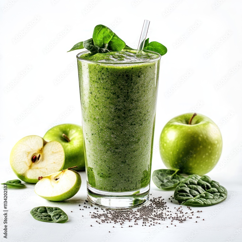 A refreshing green smoothie made with spinach, apples, and chia seeds, served in a glass. A refreshing green smoothie made with spinach, apples, and chia seeds, served in a glass.