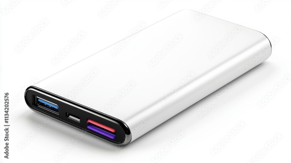 A simple portable power bank with a digital display, isolated on a white background A simple portable power bank with a digital display, isolated on a white background