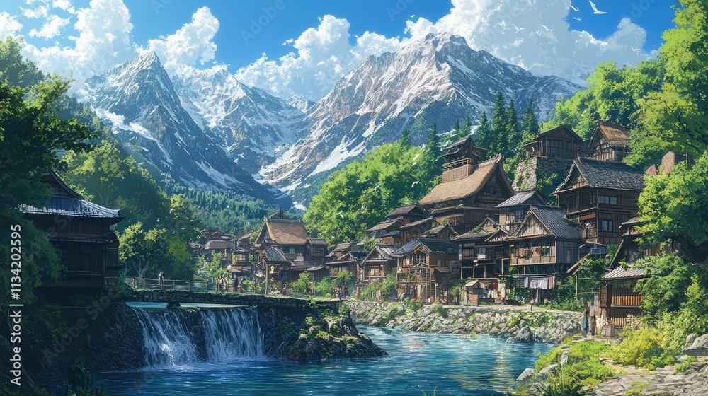 Fototapeta premium The village in Japan anime illustration is surrounded by breathtaking natural beauty, with towering mountains and crystal-clear rivers providing a stunning backdrop to everyday life.