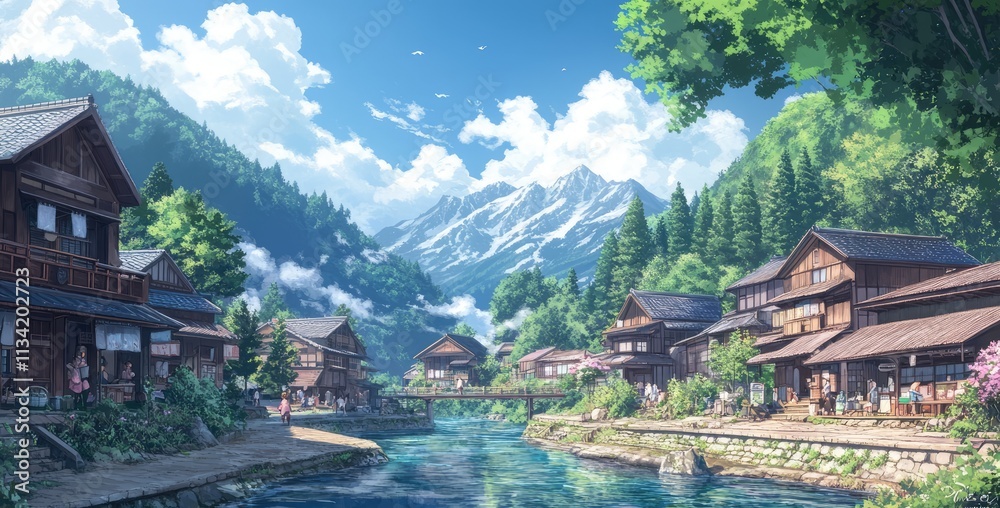 The village in Japan anime illustration is surrounded by breathtaking natural beauty, with towering mountains and crystal-clear rivers providing a stunning backdrop to everyday life. The village in Japan anime illustration is surrounded by breathtaking natural beauty, with towering mountains and crystal-clear rivers providing a stunning backdrop to everyday life.