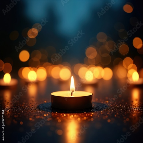 Soft candlelight illuminates dark space. Bokeh effect creates warm glow. Serenity, tranquility atmosphere. Image ideal for relaxation meditation themes. Peaceful scene suitable for spiritual mindful photo