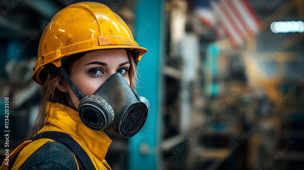 A woman adorned in a vibrant yellow helmet and protective gas mask stands confidently in a hazardous work environment. Her sturdy attire hints at the dangerous nature of her surroundings A woman adorned in a vibrant yellow helmet and protective gas mask stands confidently in a hazardous work environment. Her sturdy attire hints at the dangerous nature of her surroundings