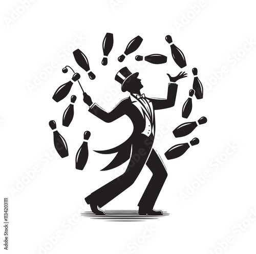 man juggling pins silhouette vector illustration