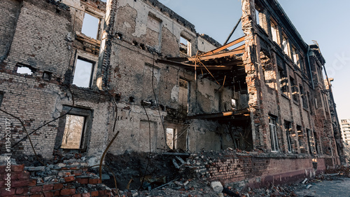 destroyed and burned houses in the city in Ukraine