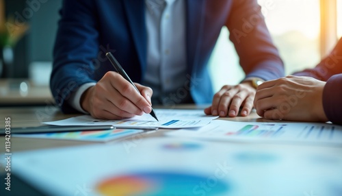 Business people discuss strategy plan. CEO, team members examine documents filled with graphs. Planning, analysis session for strategic business approach. Project development in office environment.