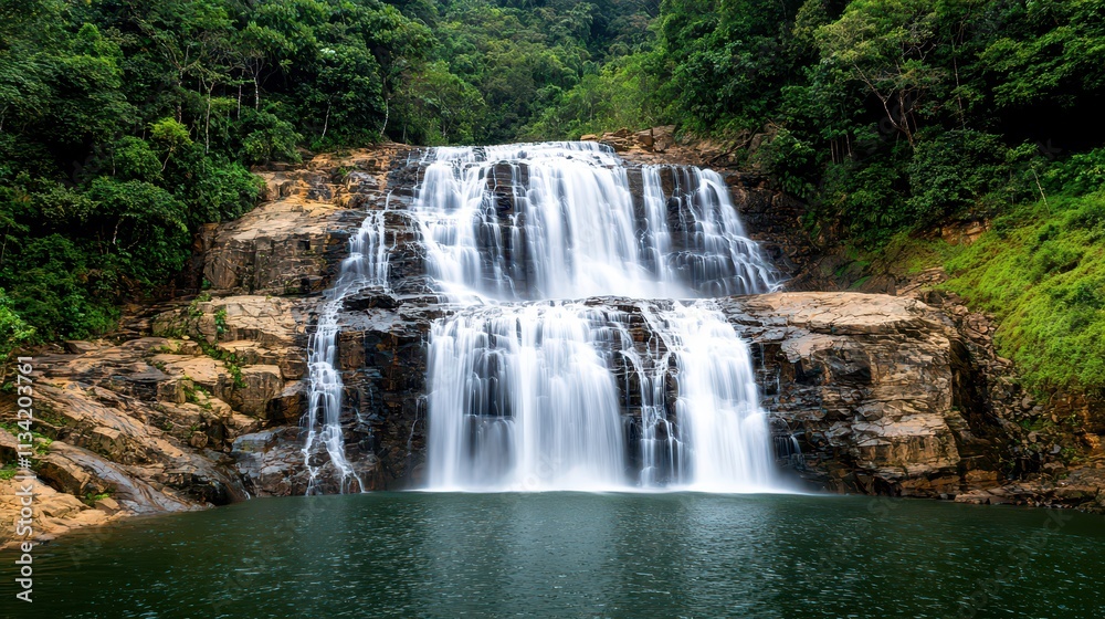 Fototapeta premium Majestic waterfall cascade lush rainforest nature photography serene environment wide-angle view pristine beauty concept