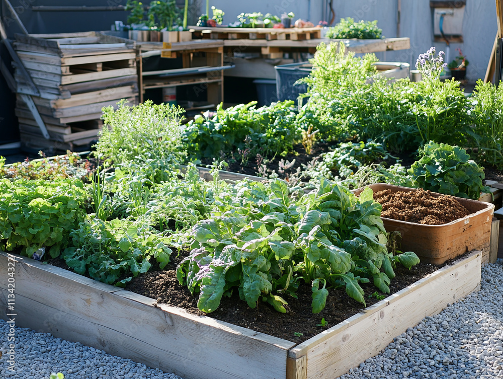 rooftop garden featuring variety of lush plants and vegetables, showcasing sustainable gardening practices rooftop garden featuring variety of lush plants and vegetables, showcasing sustainable gardening practices