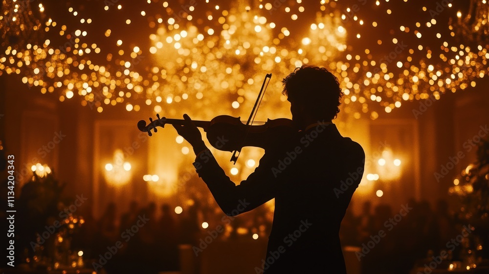 Fototapeta premium Silhouette of a violinist performing in a grand hall filled with golden light and sparkling fireworks.