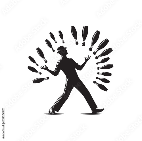 man juggling pins silhouette vector illustration