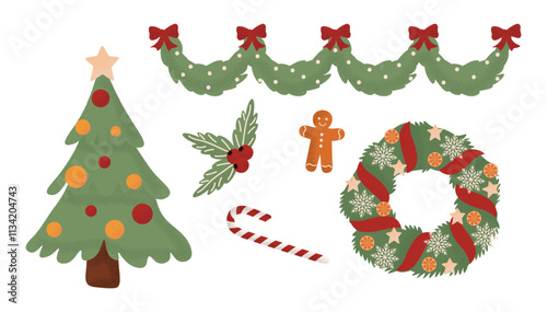 Traditional holiday Christmas wreath, garland with red bows, Christmas tree. Decor for New Year Christmas and holiday