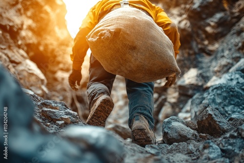A person climbs a rocky path carrying a heavy sack, showcasing determination and hard work.