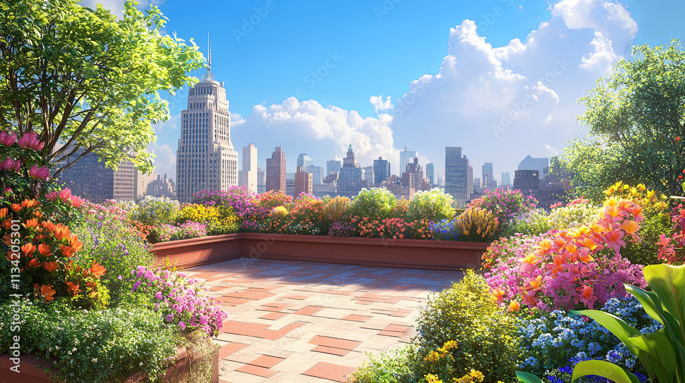 Obraz premium vibrant urban rooftop garden filled with colorful flowers and greenery, overlooking city skyline