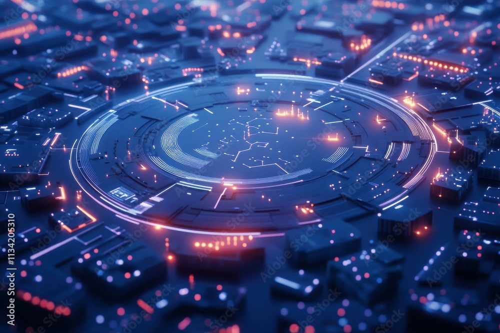 Futuristic Digital Cityscape with Neon Lights and Circular Network Design, Showing Advanced Technology and Innovation in a Vibrant Virtual Environment Futuristic Digital Cityscape with Neon Lights and Circular Network Design, Showing Advanced Technology and Innovation in a Vibrant Virtual Environment