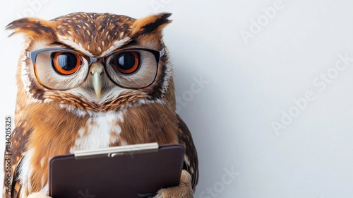 A stylish owl in glasses and a sharp blazer, holding a clipboard, isolated on a white background photo