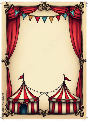 A whimsical vintage circus-themed frame featuring colorful tents and decorative bunting.