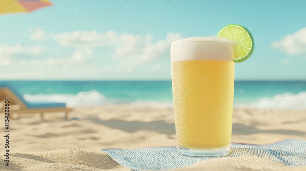 Refreshing Non-Alcoholic Beer on Beach Picnic Blanket with Lime Slice and Umbrella, Photorealistic Summer Beverage Concept