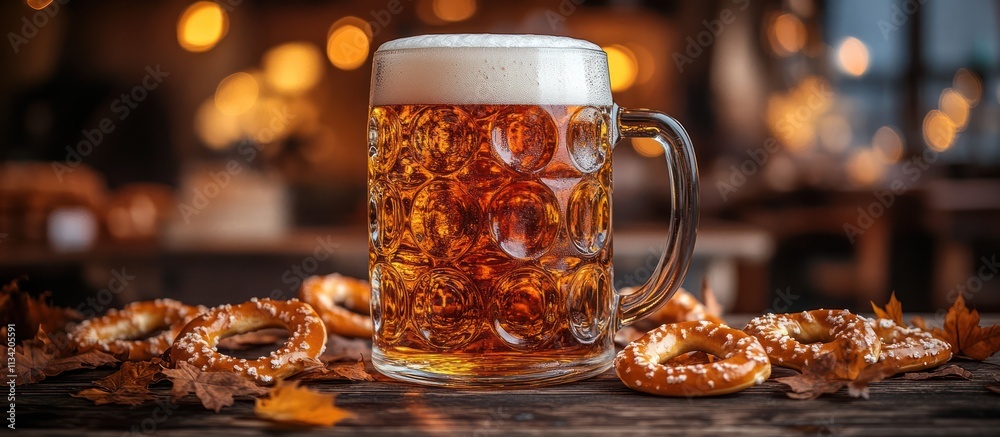 Beer stein with pretzels on wooden table. Beer stein with pretzels on wooden table.