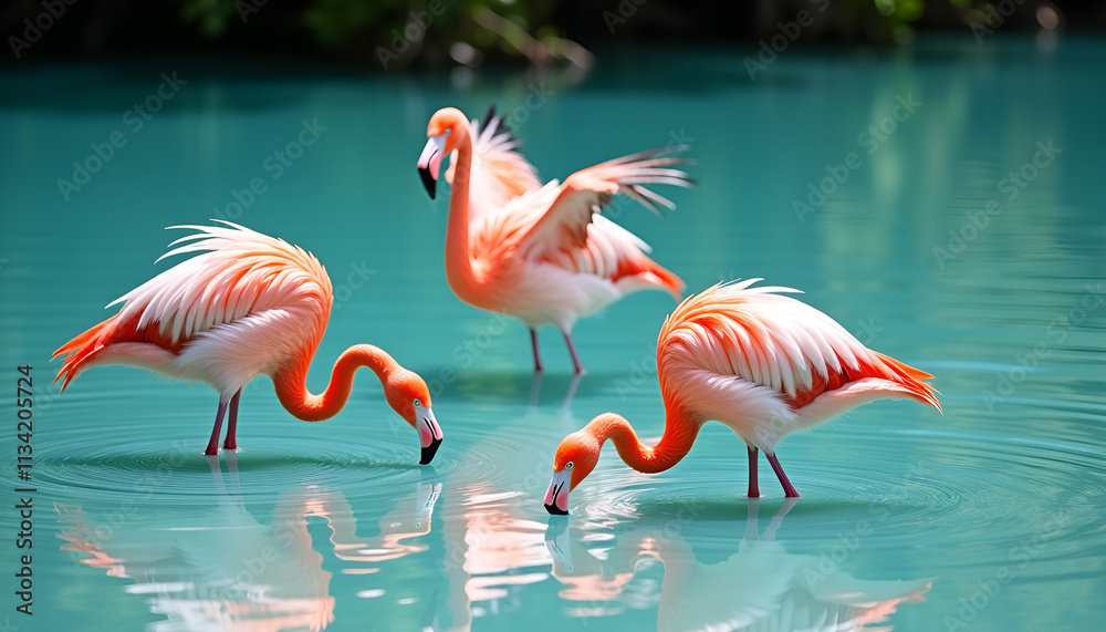 Fototapeta premium Group of flamingos wading in turquoise water with reflections in a serene natural setting