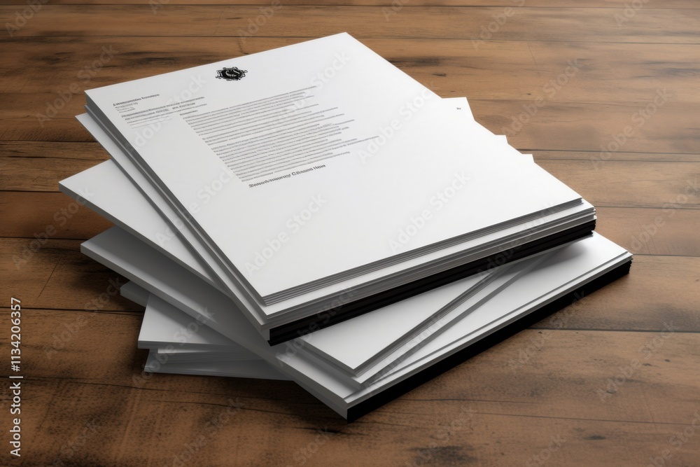 Stack of blank papers on a wooden surface ready for printing or writing in an office setting Stack of blank papers on a wooden surface ready for printing or writing in an office setting