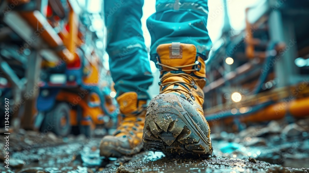 A close-up of rugged work boots stepping through a muddy industrial environment. A close-up of rugged work boots stepping through a muddy industrial environment.