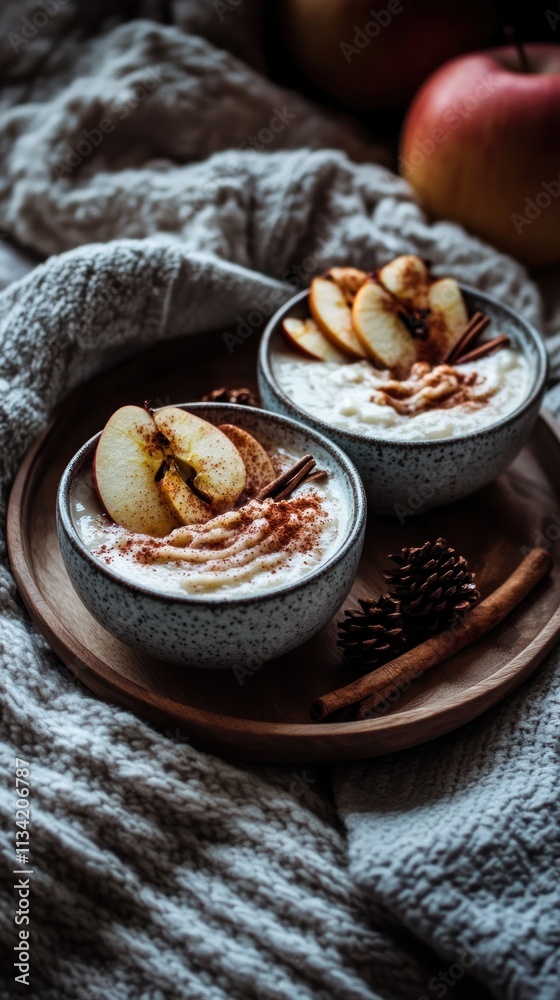 Two bowls of yogurt topped with apple slices and cinnamon on a cozy textured background. Two bowls of yogurt topped with apple slices and cinnamon on a cozy textured background.