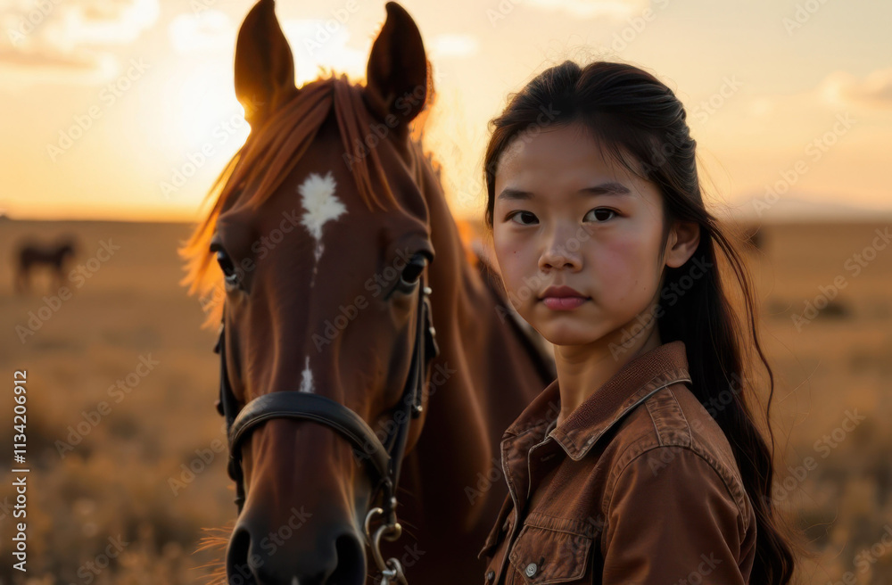 Obraz premium Asian girl standing next to a horse in the steppe at sunset