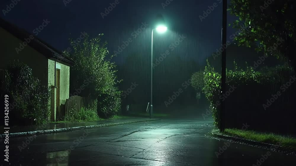 A single streetlamp illuminates a dark, rainy street at night.