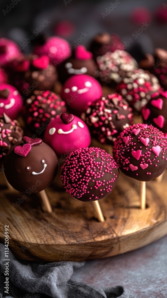 A delightful assortment of pink and chocolate cake pops on a wooden platter.