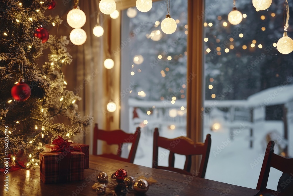 Cozy Indoor Christmas Scene Featuring Christmas Tree, Sparkling Ornaments, Winter Wonderland Through the Window, Warm Lights, and Festive Decorations Enhancing Holiday Spirit Cozy Indoor Christmas Scene Featuring Christmas Tree, Sparkling Ornaments, Winter Wonderland Through the Window, Warm Lights, and Festive Decorations Enhancing Holiday Spirit