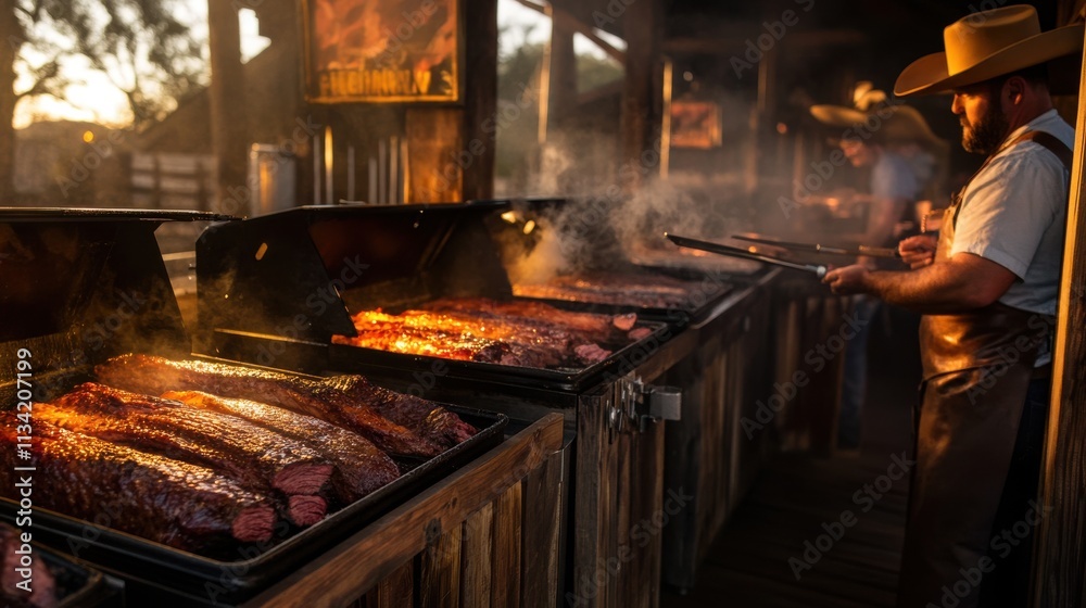 A Texan-style barbecue scene, large smokers with briskets cooking, rustic wood cowboy hats, and country music in the background, with warm, golden lighting A Texan-style barbecue scene, large smokers with briskets cooking, rustic wood cowboy hats, and country music in the background, with warm, golden lighting