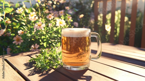 Refreshing Nonalcoholic Beer in Frosty Mug on Summer Patio Table with Sunlight Shadows - Photorealistic Ultra-Detailed Photo