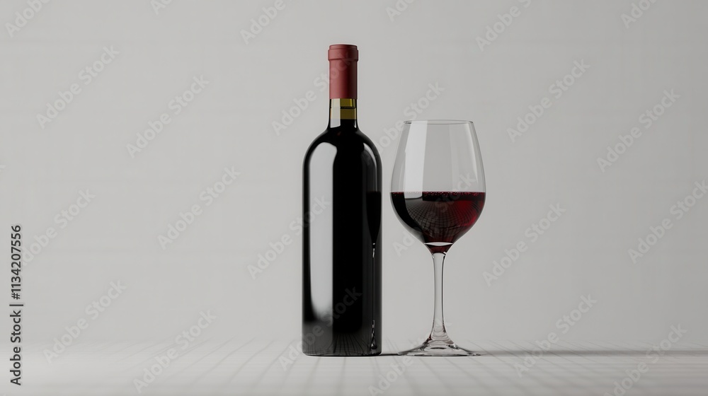 Elegant Red Wine Bottle and Glass on a Minimalist Background, Perfect for Restaurant Menus, Wine Labels, and Winery Promotional Material Elegant Red Wine Bottle and Glass on a Minimalist Background, Perfect for Restaurant Menus, Wine Labels, and Winery Promotional Material