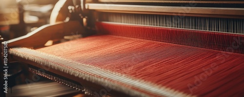 A close-up of a weaving loom with vibrant threads in motion. photo