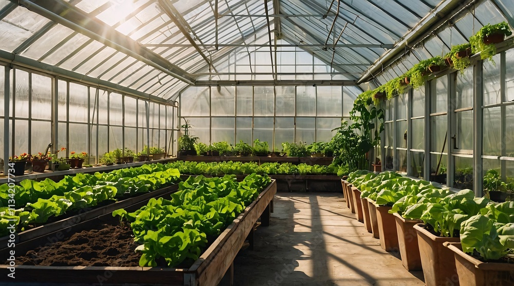 Greenhouse oasis filled with vibrant plants and fresh greens, showcasing the beauty of nature and sustainable gardening practices under soft sunlight Greenhouse oasis filled with vibrant plants and fresh greens, showcasing the beauty of nature and sustainable gardening practices under soft sunlight