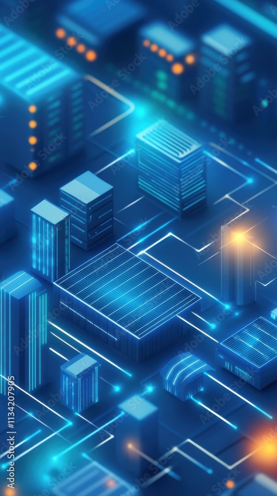 Futuristic Cityscape with Glowing Buildings and Circuit Patterns Depicting Advanced Technology and Urban Development at Night