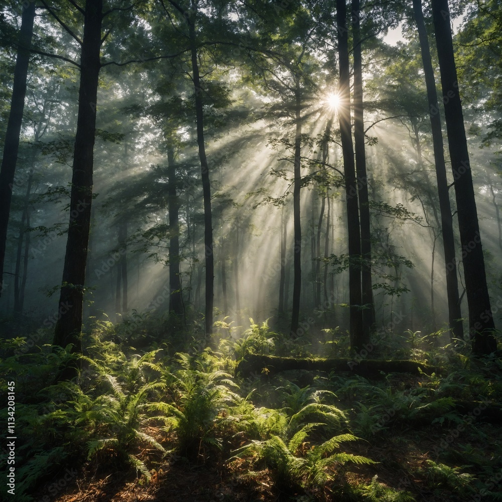 Fototapeta premium A misty forest clearing with sunlight breaking through the canopy.