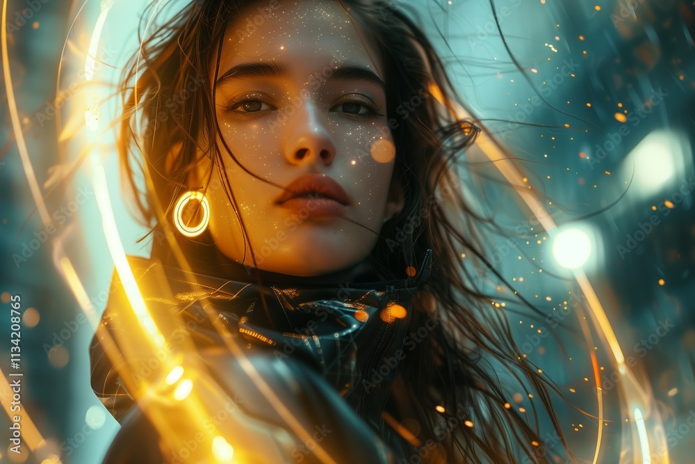 A captivating portrait of a young woman with a mystical aura amidst a blurred backdrop. A captivating portrait of a young woman with a mystical aura amidst a blurred backdrop.