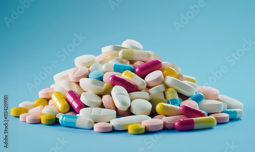 colorful assortment of pills and capsules on blue background, showcasing various shapes and sizes, representing world of medicine and health photo