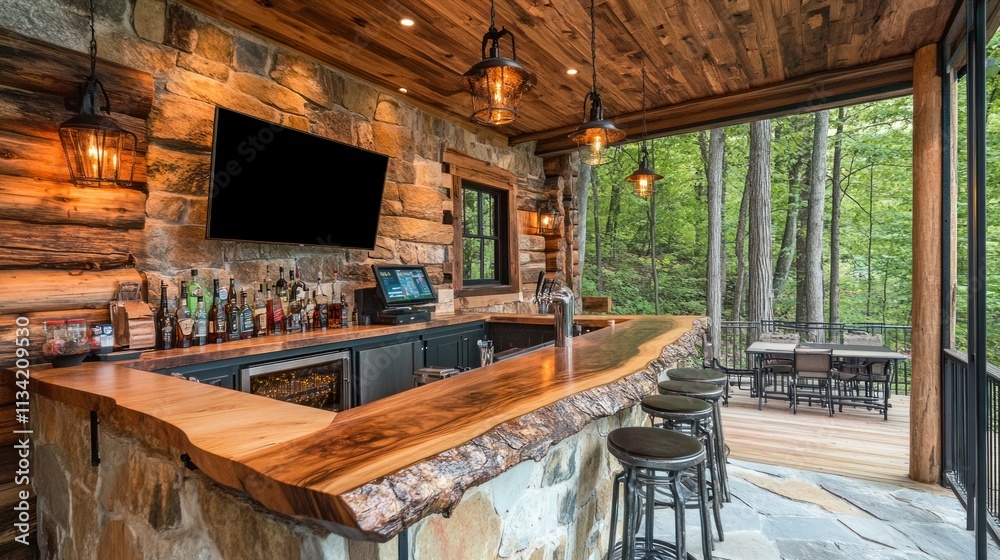 Rustic outdoor bar with live edge countertop, stone wall, and forest view. Rustic outdoor bar with live edge countertop, stone wall, and forest view.
