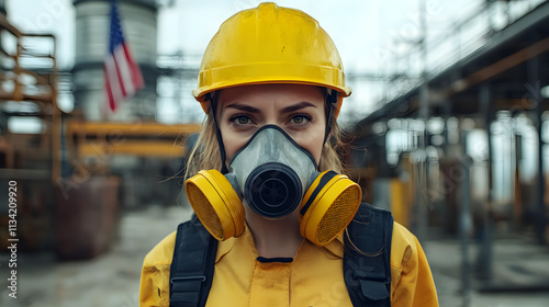 A woman adorned in a vibrant yellow helmet and protective gas mask stands confidently in a hazardous work environment. Her sturdy attire hints at the dangerous nature of her surroundings