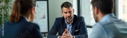 Business people in meeting. Mediator calms tense negotiators. Office setting. Conflict resolution in progress. Professionals discuss business deal. Argument resolution. Negotiation management. Focus photo