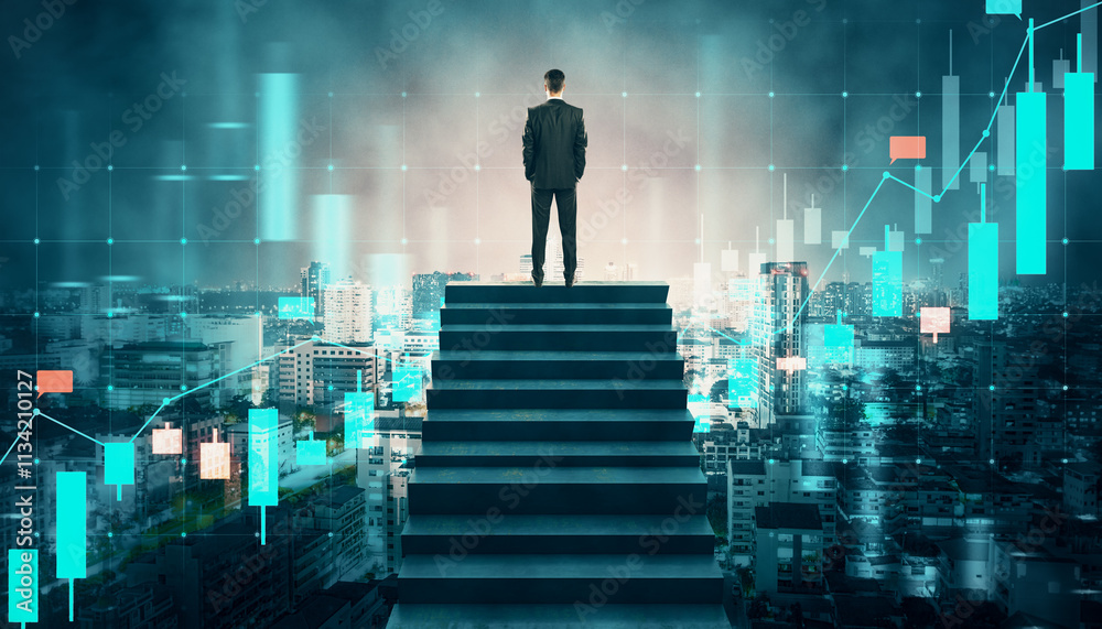 Businessman standing on staircase looking at city skyline with financial chart overlay, representing career growth and success concept. Businessman standing on staircase looking at city skyline with financial chart overlay, representing career growth and success concept.