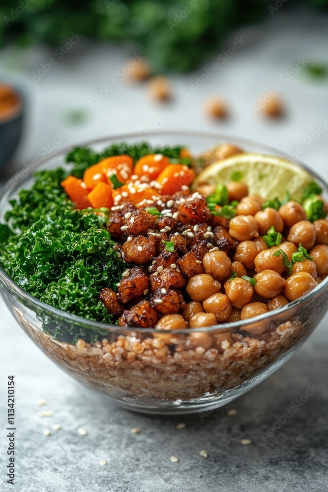 A colorful grain bowl with chickpeas, kale, and vegetables, garnished with lime and sesame. A colorful grain bowl with chickpeas, kale, and vegetables, garnished with lime and sesame.