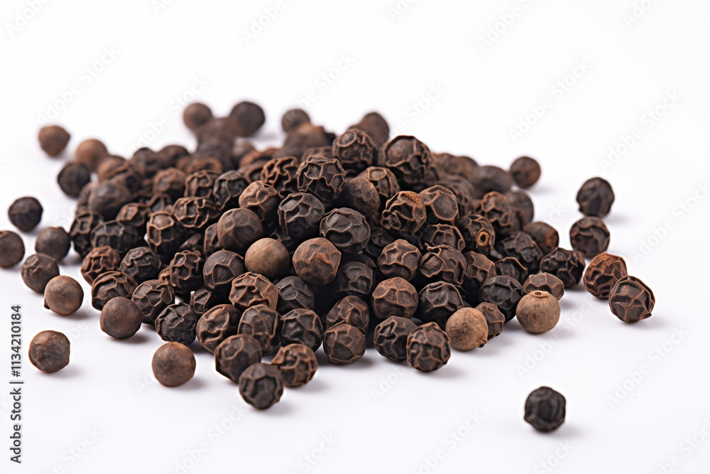 High-quality close-up of rounded black peppercorns scattered on a clean white background, showcasing their texture and natural details High-quality close-up of rounded black peppercorns scattered on a clean white background, showcasing their texture and natural details