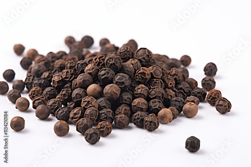 High-quality close-up of rounded black peppercorns scattered on a clean white background, showcasing their texture and natural details
