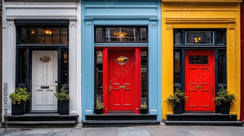 Three colorful storefronts with red doors and windows