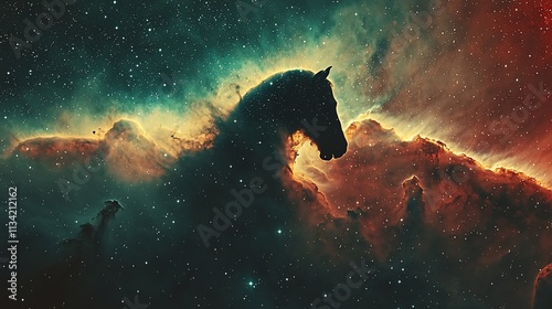 Cosmic horse head nebula silhouette in vibrant, colorful space dust and stars. photo