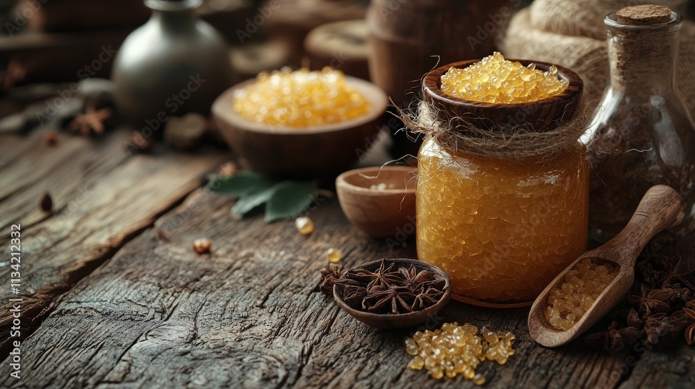 Rustic honey jars and spices on a textured wooden table